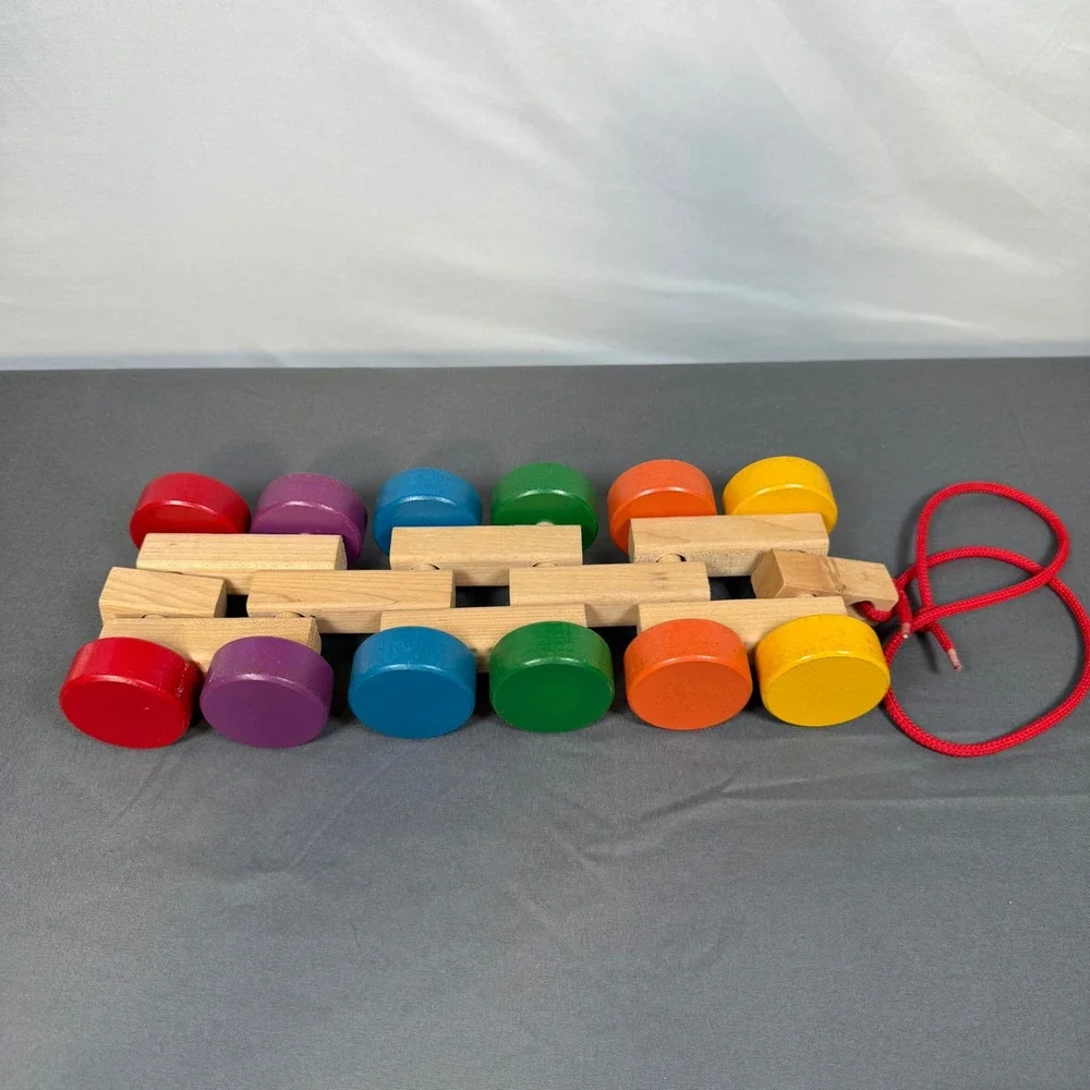Handmade Wooden Pull Toy Rainbow Colors Rolling Cars Kids Toddler‎ Educational